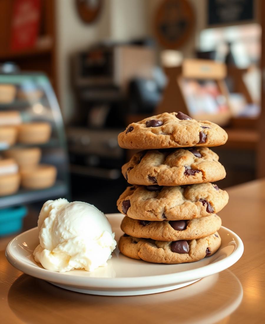 Stack of chocolate chip cookies beside a scoop of vanilla ice cream on a cream plate