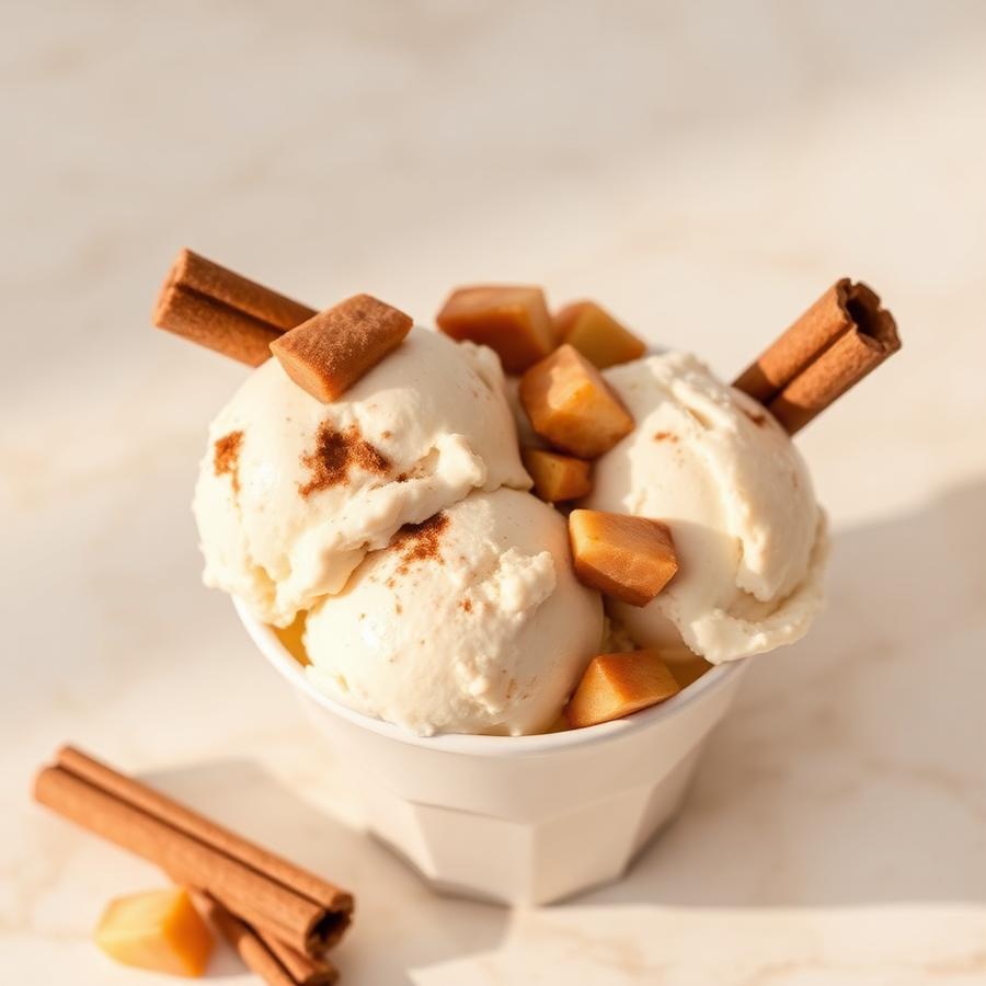 Apple pie ice cream with cinnamon apple pieces and crust in a white cup