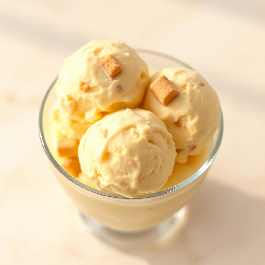 Scoops of pale yellow banana pudding ice cream with wafer pieces in a glass cup