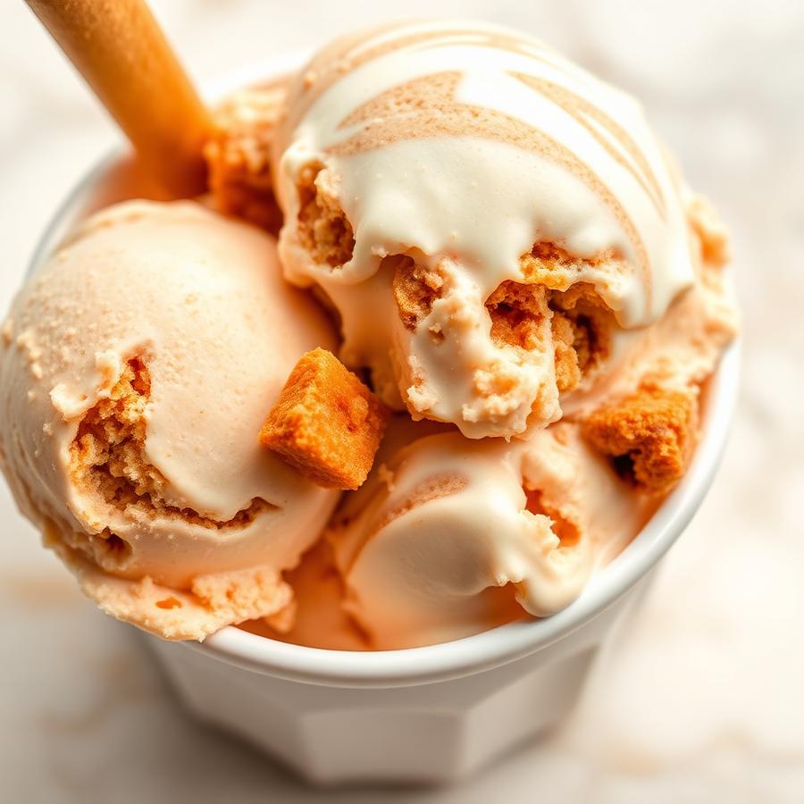 Carrot cake ice cream with cake chunks and cream cheese swirl in a white cup