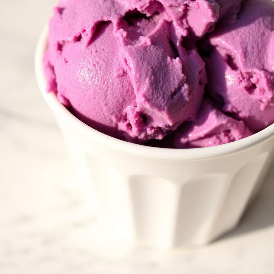 Vivid purple ube ice cream scoops in a white cup