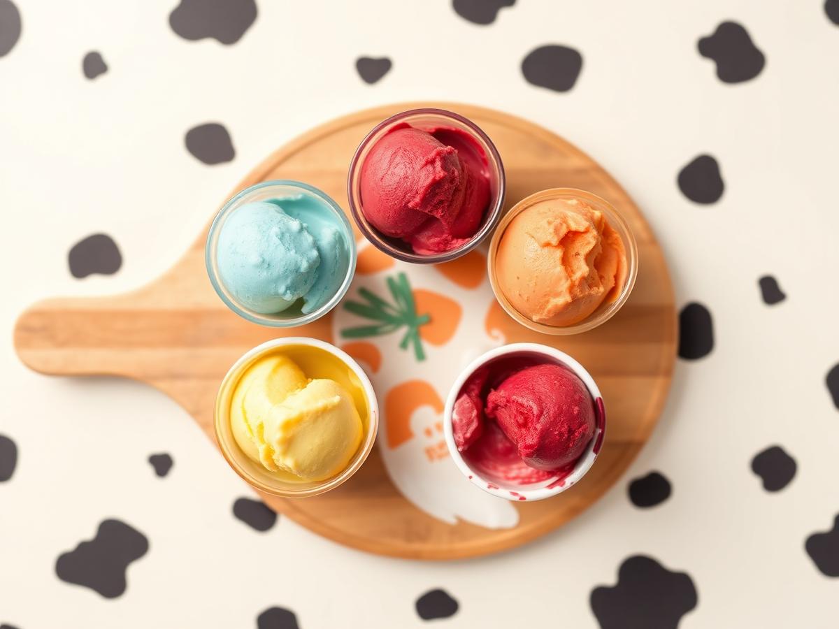Overhead view of a four-cup ice cream flight on a wooden paddle over a cow-spot surface