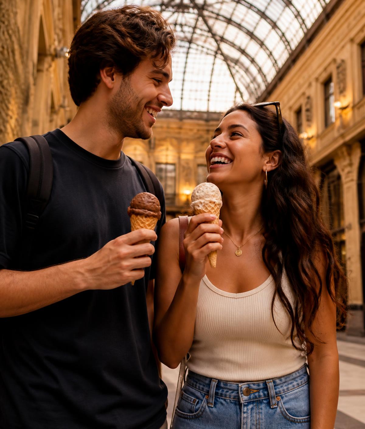Two guests laughing with ice cream cones beneath the glass roof of the Cleveland Arcade