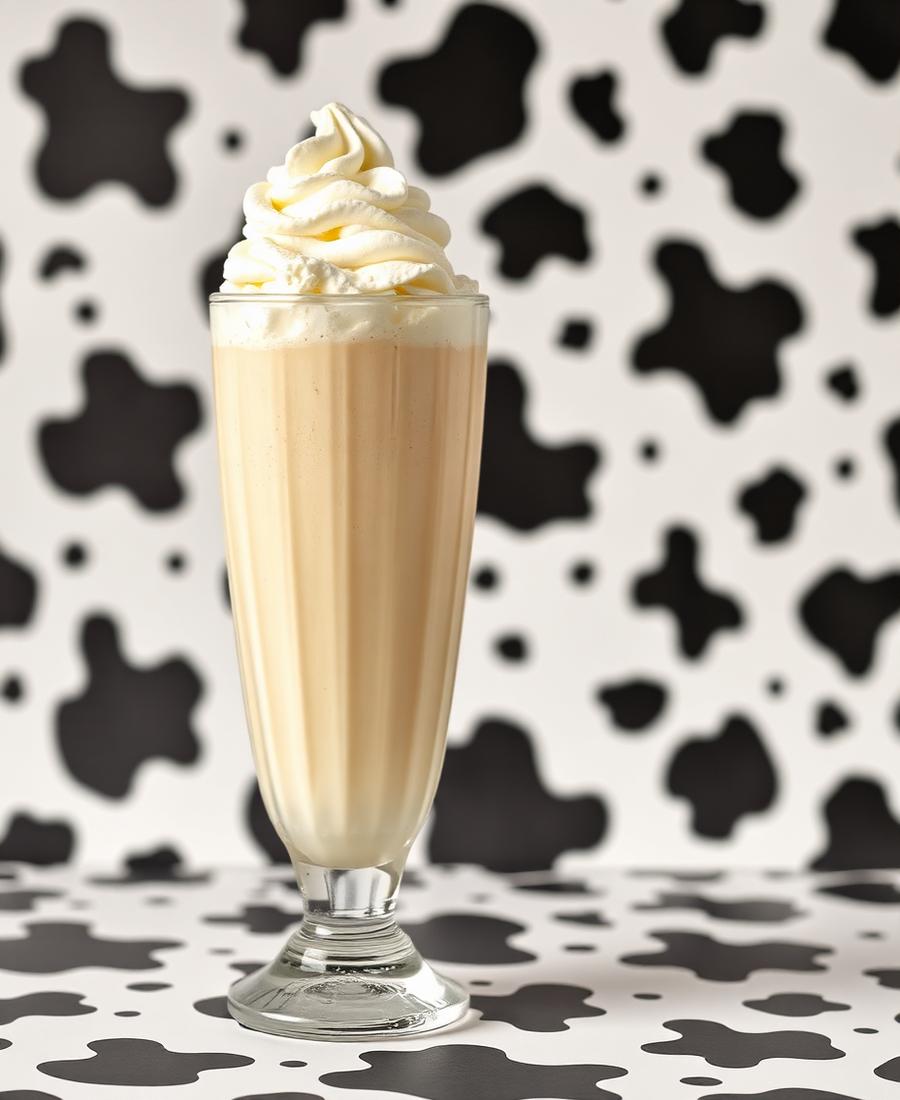 Tall hand-spun milkshake with whipped cream in front of a black and white cow-print backdrop