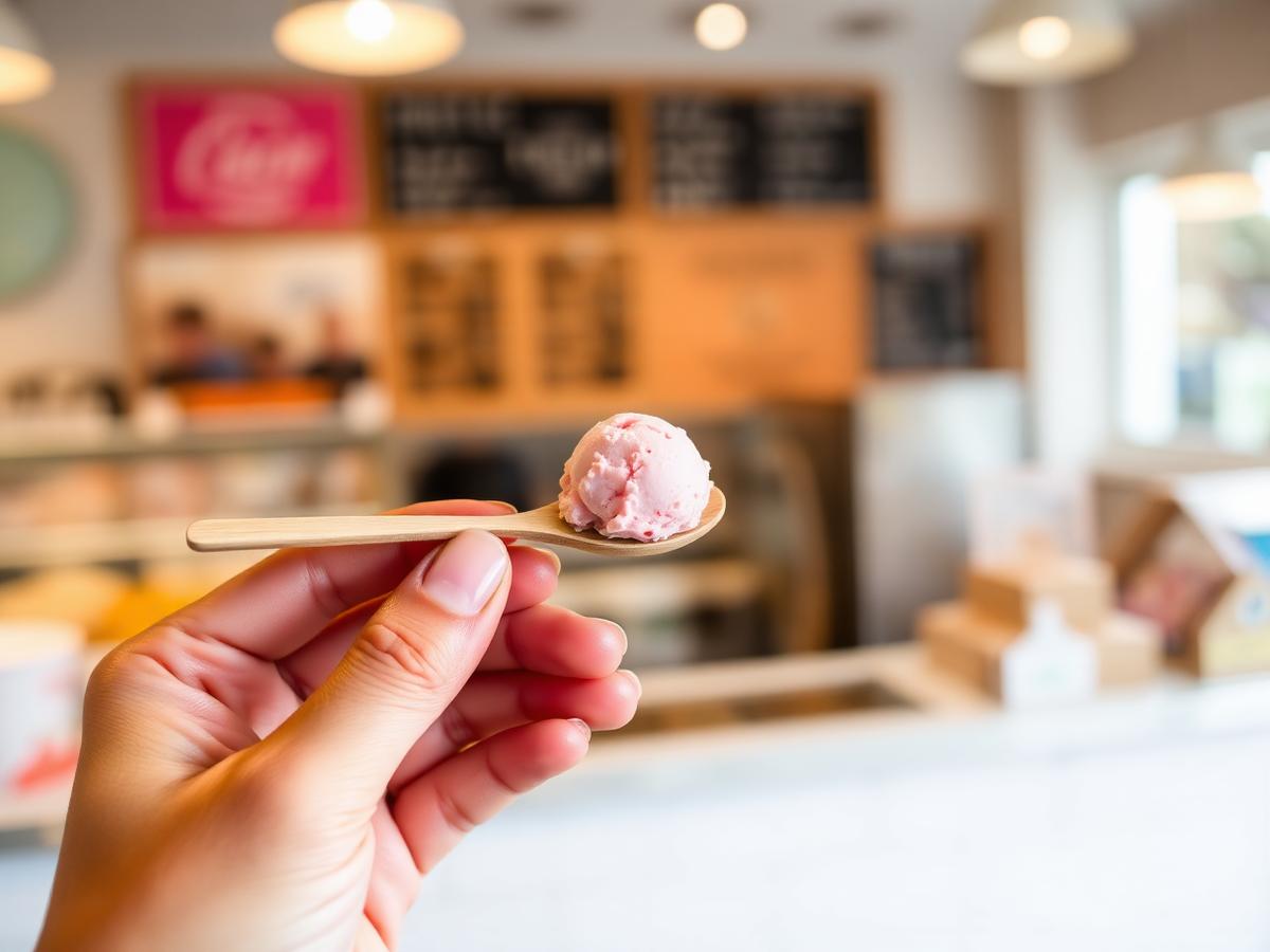 A small wooden sample spoon with a taste of pink ice cream held up at the shop counter